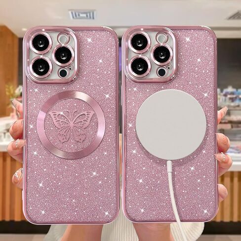 for iPhone 15 Pro Max Case Magnetic,for Women Girl Soft Cute Luxury Butterfly Pattern Plating Glitter Bling Phone Case Compatible with MagSafe Clear Shockproof Back Cover 6.7"-Pink in Saudi Arabia