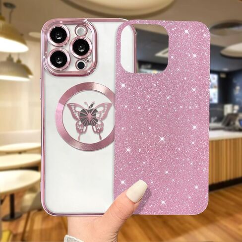 for iPhone 15 Pro Max Case Magnetic,for Women Girl Soft Cute Luxury Butterfly Pattern Plating Glitter Bling Phone Case Compatible with MagSafe Clear Shockproof Back Cover 6.7"-Pink in Saudi Arabia