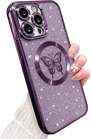 for iPhone 15 Pro Max Case Magnetic,for Women Girl Soft Cute Luxury Butterfly Pattern Plating Glitter Bling Phone Case Compatible with MagSafe Clear Shockproof Back Cover 6.7"-Pink in Saudi Arabia