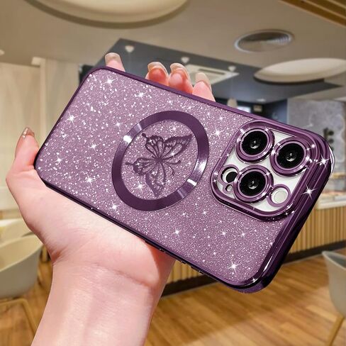 for iPhone 15 Pro Max Case Magnetic,for Women Girl Soft Cute Luxury Butterfly Pattern Plating Glitter Bling Phone Case Compatible with MagSafe Clear Shockproof Back Cover 6.7"-Pink in Saudi Arabia