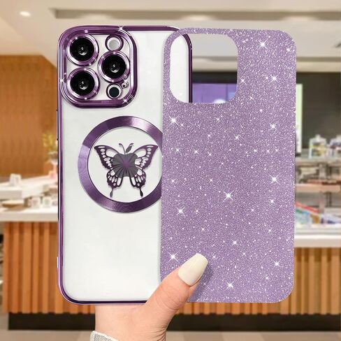 for iPhone 15 Pro Max Case Magnetic,for Women Girl Soft Cute Luxury Butterfly Pattern Plating Glitter Bling Phone Case Compatible with MagSafe Clear Shockproof Back Cover 6.7"-Pink in Saudi Arabia
