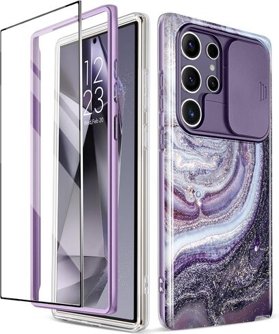 GVIEWIN for Samsung Galaxy S24 Ultra Case, [Slide Camera Cover & Built-in Screen Protector] [2 Front Frame] Military Grade Shockproof Marble Phone Case Cover 6.8" (Quicksand/Purple) in Kuwait