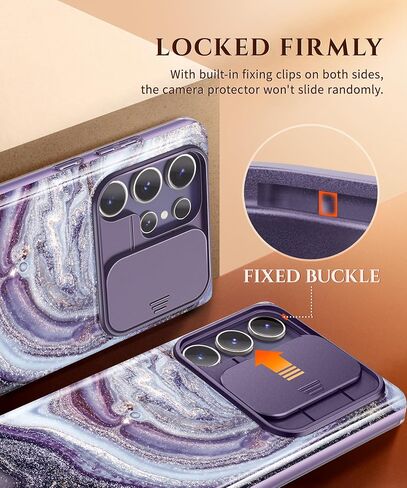 GVIEWIN for Samsung Galaxy S24 Ultra Case, [Slide Camera Cover & Built-in Screen Protector] [2 Front Frame] Military Grade Shockproof Marble Phone Case Cover 6.8" (Quicksand/Purple) in Kuwait