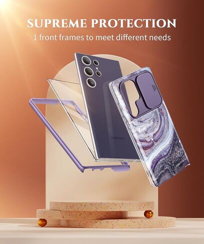 GVIEWIN for Samsung Galaxy S24 Ultra Case, [Slide Camera Cover & Built-in Screen Protector] [2 Front Frame] Military Grade Shockproof Marble Phone Case Cover 6.8" (Quicksand/Purple) in Kuwait