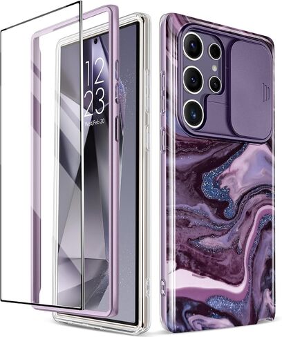 GVIEWIN for Samsung Galaxy S24 Ultra Case, [Slide Camera Cover & Built-in Screen Protector] [2 Front Frame] Military Grade Shockproof Marble Phone Case Cover 6.8" (Quicksand/Purple) in Kuwait