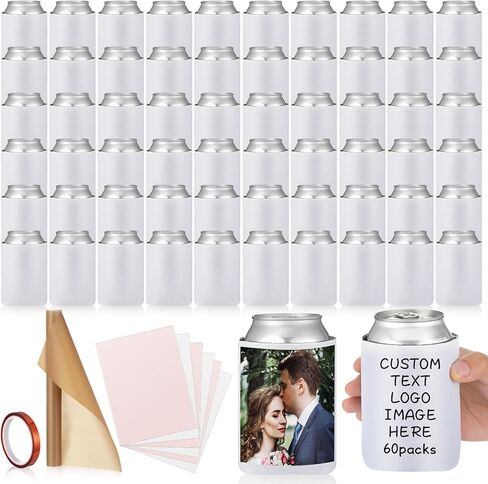 60 Pieces Beer Can Coolers with Sublimation Paper, Heat Tape for Sublimation, PTFE Sheet Foam Sleeves Plain Soft Insulated Blanks for Soda, Beer, Water Bottles, Wedding Favors and Gifts (White) in Saudi Arabia