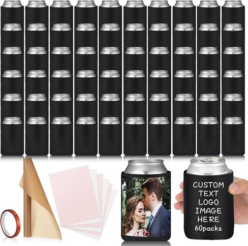 60 Pieces Beer Can Coolers with Sublimation Paper, Heat Tape for Sublimation, PTFE Sheet Foam Sleeves Plain Soft Insulated Blanks for Soda, Beer, Water Bottles, Wedding Favors and Gifts (White) in Saudi Arabia