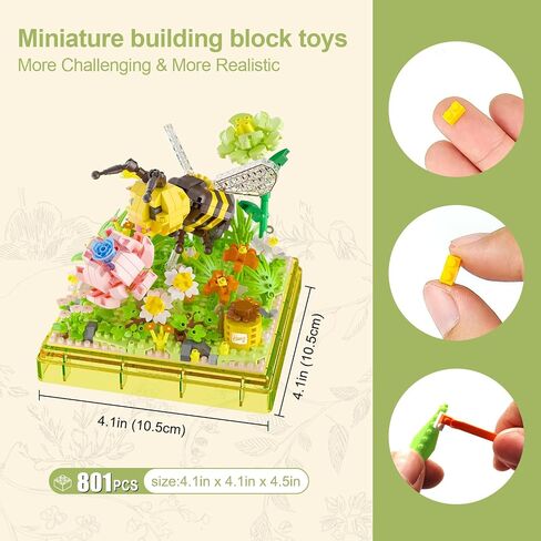Flower & Insect Bouquets Building Toys - 801 PCS Bee Micro Building Blocks Kit with Dust Cover, Preserved Flower Home Decor Christmas New Year Birthday Great Gift for Mom/Lover/Women (Bee) in Saudi Arabia