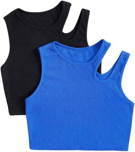 SHENHE Girl's 2 Pack Ribbed Knit Cut Out Round Neck Sleeveless Cute Crop Tank Top in Saudi Arabia