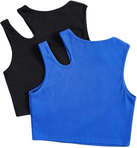 SHENHE Girl's 2 Pack Ribbed Knit Cut Out Round Neck Sleeveless Cute Crop Tank Top in Saudi Arabia