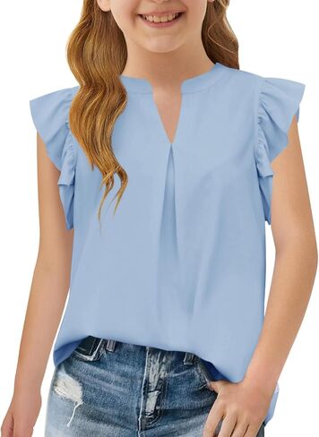 Haloumoning Girls Summer T Shirts Kids Fashion V Neck Ruffle Short Sleeve Tops Blouse 5-14 Years in Saudi Arabia