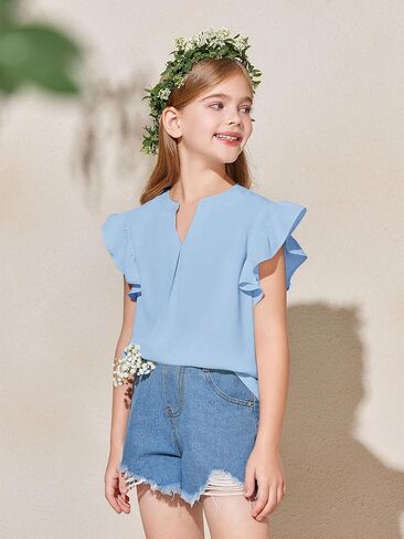 Haloumoning Girls Summer T Shirts Kids Fashion V Neck Ruffle Short Sleeve Tops Blouse 5-14 Years in Saudi Arabia