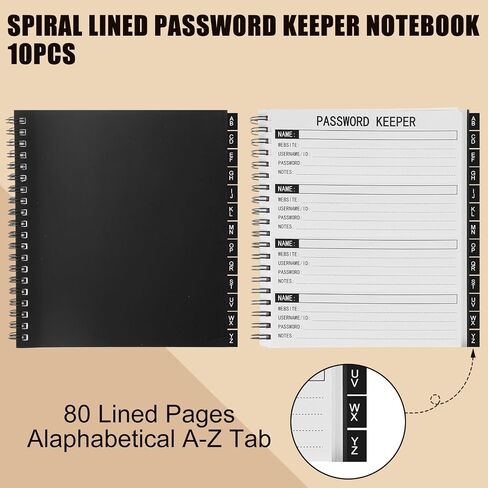 Yeaqee 10 Pieces Spiral Password Keeper Book Bulk with Alphabetical Tabs Password Notebook Internet Address and Password Organizer Logbook for Office Website Logins, Black (80 Lined Pages, 6 x 7 In) in Saudi Arabia