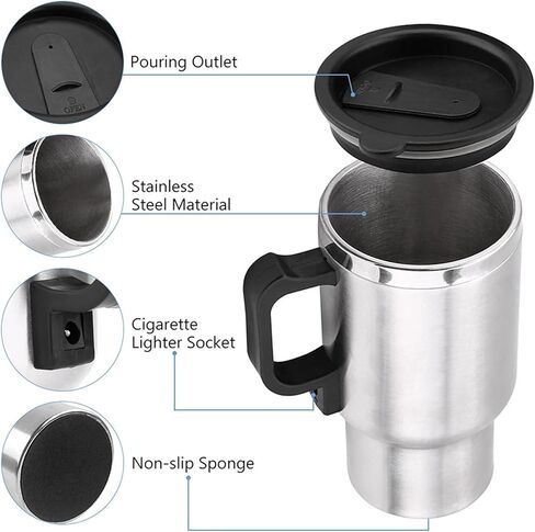 GOTOTOP Car Heating Cup 12V 450ML Electric Car Kettle Portable Stainless Steel Cigarette Lighter Heating Drinking Cup Heated Travel Mug Electric Travel Thermoses for Heating Water Coffee Milk Tea in Saudi Arabia