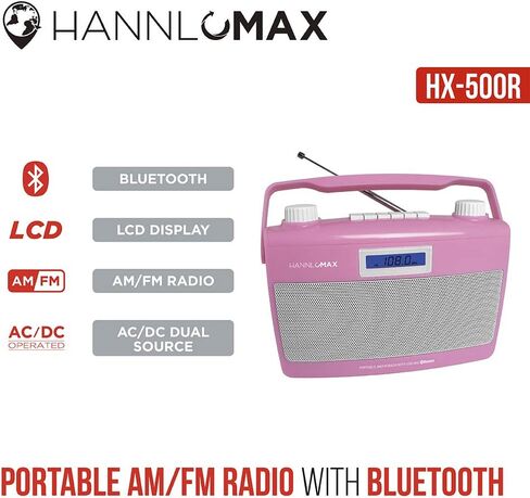 HANNLOMAX HX-500R Portable AM/FM Radio, Bluetooth, USB Port for MP3 Playback, Aux-in, AC/DC Dual Power Source. (Pink) in Saudi Arabia