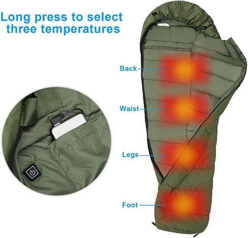 Mummy Sleeping Bag with Composite Fiber Heating Plate, Compression Sack for 3-4 Season Lightweight, Water Resistant & Warm for Camping, Hiking, Traveling and Outdoors（Power Bank NOT Included） in Kuwait