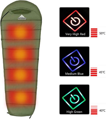 Mummy Sleeping Bag with Composite Fiber Heating Plate, Compression Sack for 3-4 Season Lightweight, Water Resistant & Warm for Camping, Hiking, Traveling and Outdoors（Power Bank NOT Included） in Kuwait