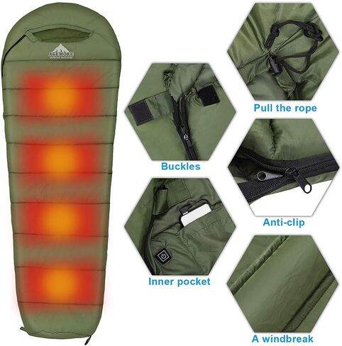 Mummy Sleeping Bag with Composite Fiber Heating Plate, Compression Sack for 3-4 Season Lightweight, Water Resistant & Warm for Camping, Hiking, Traveling and Outdoors（Power Bank NOT Included） in Kuwait