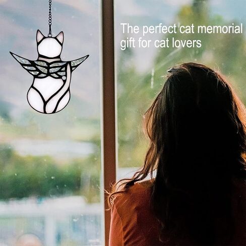 sycooven الملاك القط هدية تذكارية الزجاج الملون، أجنحة الملاك القط نافذة الزجاج الملون شنقا، هدايا تعاطف القط لمحبي القطط، فقدان هدية تعاطف القط، الحيوانات الأليفة الهدايا التذكارية هدية القط للنساء in Kuwait