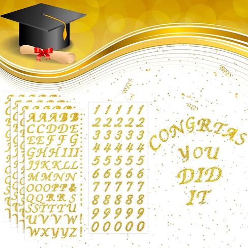 5 Sheets Graduation Cap Stickers Decoration Glitter Alphabet Letter Stickers Self-Adhesive Rhinestone Letter Number Stickers for Grad Cap Craft Decorations (Gold) in Saudi Arabia