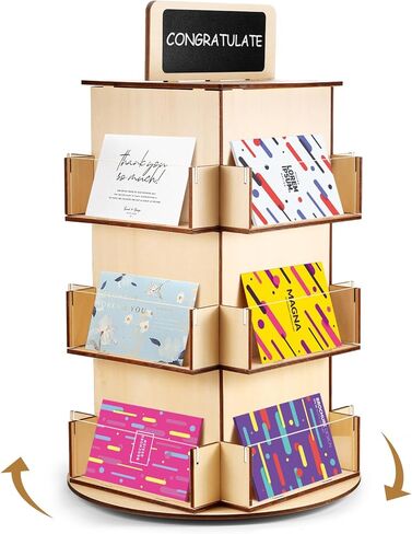 حامل عرض بطاقات التهنئة الدوارة 3 طبقات رف عرض البطاقات البريدية الخشبي مع سبورة صغيرة دوارة 360 درجة حامل عرض الكتيب حامل عرض الطاولة للقوائم والحرف اليدوية والبطاقات والشارات والمقتنيات in Kuwait