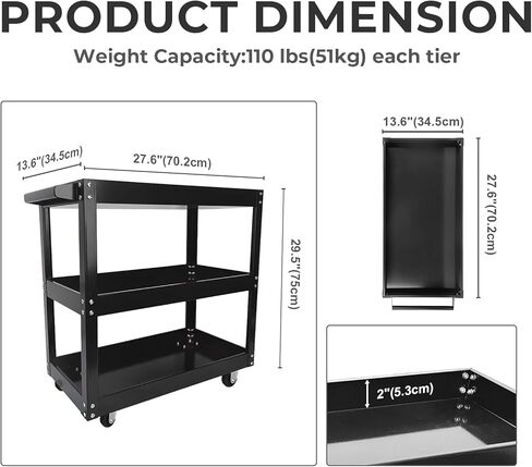 عربة أدوات من 3 طبقات، عربة أدوات خدمة فولاذية تجارية ذات 3 أرفف على عجلات، عربة تخزين حوض ميكانيكي متدحرجة شديدة التحمل، عربات دوارة بعجلات، سعة تحميل 330 رطل، أسود in Kuwait