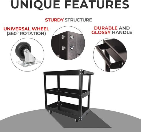 عربة أدوات من 3 طبقات، عربة أدوات خدمة فولاذية تجارية ذات 3 أرفف على عجلات، عربة تخزين حوض ميكانيكي متدحرجة شديدة التحمل، عربات دوارة بعجلات، سعة تحميل 330 رطل، أسود in Kuwait