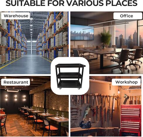 عربة أدوات من 3 طبقات، عربة أدوات خدمة فولاذية تجارية ذات 3 أرفف على عجلات، عربة تخزين حوض ميكانيكي متدحرجة شديدة التحمل، عربات دوارة بعجلات، سعة تحميل 330 رطل، أسود in Kuwait