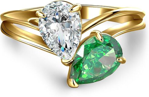 2.5ct Pear Cut Engagement Ring 925 Sterling Silver Toi et Moi Ring Created Emerald/Natural Moss Agate&Lab Created Labradorite/Opal Ring Wedding Band Valentine Gift Width 2mm Size 5-9 in Saudi Arabia