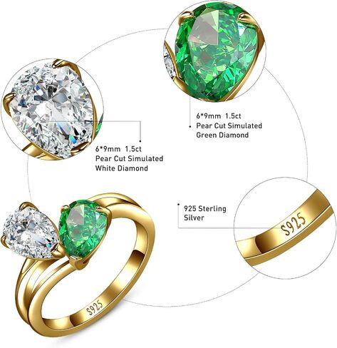 2.5ct Pear Cut Engagement Ring 925 Sterling Silver Toi et Moi Ring Created Emerald/Natural Moss Agate&Lab Created Labradorite/Opal Ring Wedding Band Valentine Gift Width 2mm Size 5-9 in Saudi Arabia