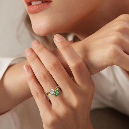 2.5ct Pear Cut Engagement Ring 925 Sterling Silver Toi et Moi Ring Created Emerald/Natural Moss Agate&Lab Created Labradorite/Opal Ring Wedding Band Valentine Gift Width 2mm Size 5-9 in Saudi Arabia