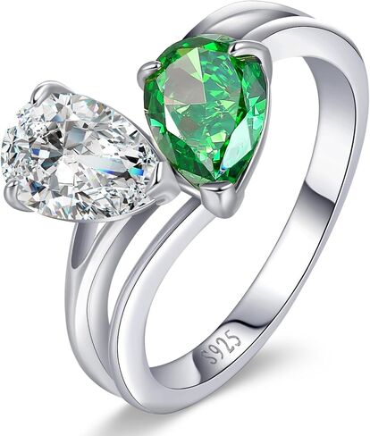 2.5ct Pear Cut Engagement Ring 925 Sterling Silver Toi et Moi Ring Created Emerald/Natural Moss Agate&Lab Created Labradorite/Opal Ring Wedding Band Valentine Gift Width 2mm Size 5-9 in Saudi Arabia