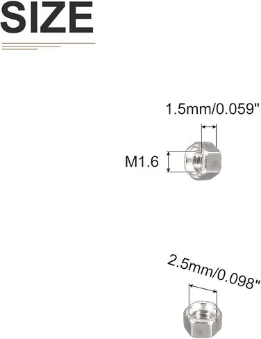 صواميل سداسية M1.2x0.25mm(DxP) - 200 عبوة - جيدة لإصلاح المرآب المنزلي - صواميل سداسية مطلية بالنيكل والنحاس - لون فضي in Kuwait