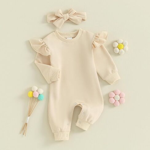 AEEMCEM Newbron Baby Girl Clothes Solid Ruffle Romper Bodysuit Long Sleeve One Piece Jumpsuit Headband Set Fall Winter Outfit in Saudi Arabia