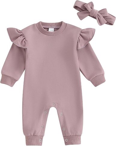 AEEMCEM Newbron Baby Girl Clothes Solid Ruffle Romper Bodysuit Long Sleeve One Piece Jumpsuit Headband Set Fall Winter Outfit in Saudi Arabia