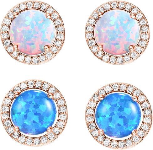 Round Opal Stud Earrings for Women Girls 3 Pack Set /2 Pack Set 18K White Gold/Rose Gold Plated White/Blue Opal Earrings Hypoallergenic Cartilage Opal Jewelry for Mother's Day in Saudi Arabia