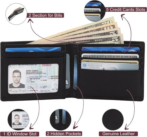 Mens Leather Wallet with ID, Slim Design | RFID Blocking, 5 Credit Card Slots, 1 ID Window, 2 Sections for Bills & 2 Additional Slots | Gift Boxed by Botanner Genuine Leather -Black in Saudi Arabia
