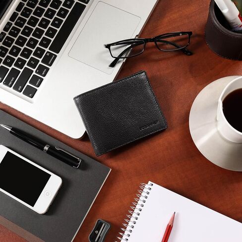 Mens Leather Wallet with ID, Slim Design | RFID Blocking, 5 Credit Card Slots, 1 ID Window, 2 Sections for Bills & 2 Additional Slots | Gift Boxed by Botanner Genuine Leather -Black in Saudi Arabia