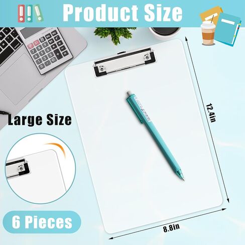 Plastic Clipboards Set of 6,Clear Clipboard,Plastic Clipboard Transparent Color,Acrylic Clipboard with Low Profile Clip,Clear Plastic Clip Boards,Standard A4 Letter Size 12.4" x 8.8" in Kuwait