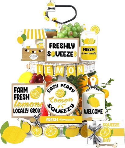 Maitys 21 Pcs Summer Tiered Tray Decor Set Lemon Summer Wood Sign Rustic Decorative Lemon Kitchen Decor and Accessories Farmhouse Lemon Wood Stack for Home Bedroom Kitchen Table Trays Decoration in Saudi Arabia