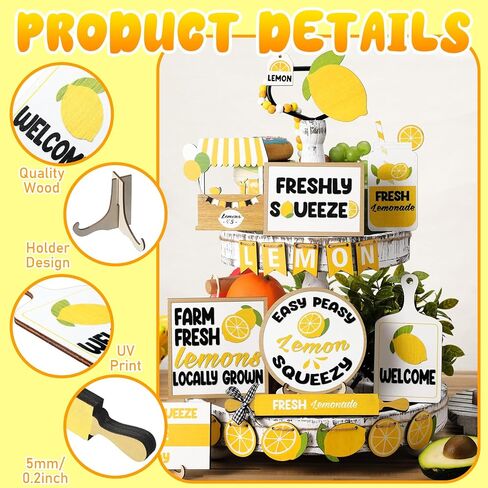 Maitys 21 Pcs Summer Tiered Tray Decor Set Lemon Summer Wood Sign Rustic Decorative Lemon Kitchen Decor and Accessories Farmhouse Lemon Wood Stack for Home Bedroom Kitchen Table Trays Decoration in Saudi Arabia