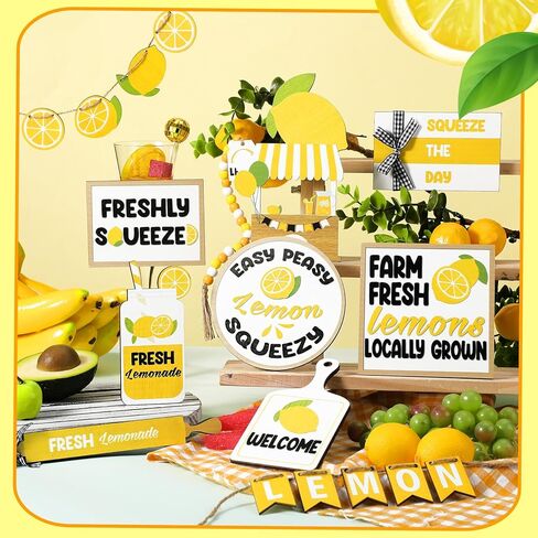 Maitys 21 Pcs Summer Tiered Tray Decor Set Lemon Summer Wood Sign Rustic Decorative Lemon Kitchen Decor and Accessories Farmhouse Lemon Wood Stack for Home Bedroom Kitchen Table Trays Decoration in Saudi Arabia