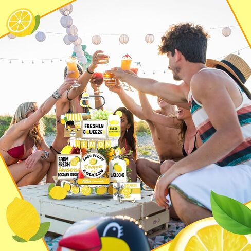 Maitys 21 Pcs Summer Tiered Tray Decor Set Lemon Summer Wood Sign Rustic Decorative Lemon Kitchen Decor and Accessories Farmhouse Lemon Wood Stack for Home Bedroom Kitchen Table Trays Decoration in Saudi Arabia