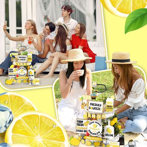 Maitys 21 Pcs Summer Tiered Tray Decor Set Lemon Summer Wood Sign Rustic Decorative Lemon Kitchen Decor and Accessories Farmhouse Lemon Wood Stack for Home Bedroom Kitchen Table Trays Decoration in Saudi Arabia