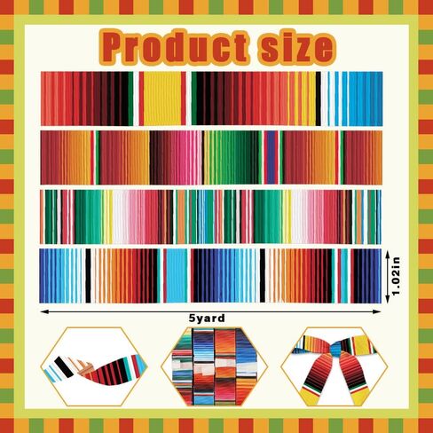 hying 4 لفات شرائط مكسيكية لتغليف الهدايا اليدوية، شريط Serape Fiesta لتغليف الهدايا لتزيين الحفلات DIY، 0.9 بوصة × 20 ياردة خطوط قوس قزح أشرطة Grosgrain الحرفية لديكور Cinco De Mayo in Saudi Arabia