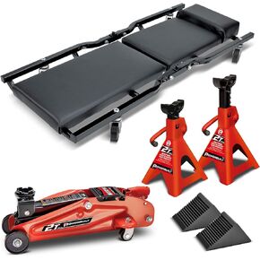 Powerbuilt 6 Piece Car Jack and Garage Creeper Service Set, 2 Ton Vehicle Lift, Jackstands, Folding Creeper, Wheel Chocks, Car Repair Garage Equipment - 640816, Large, Red