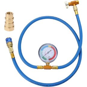 R134A Recharge Hose Kit with Gauge, 51'' AC Refrigerant R134A Recharging Hose with R134A Piercing Can Tap Valve, R12 to R134a Adapter Connector, R134A Low Side Quick Coupler