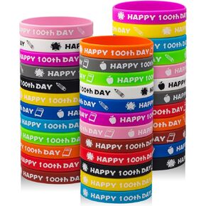 36PCS Happy 100th Day Bracelets Colorful Silicone Wristbands Cute 100th Day of School Gifts Rubber Bracelets for School Classroom Party Favors Supply Student Rewards