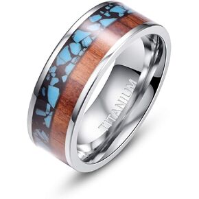 8mm Men's Titanium Ring Koa Wood and Blue Wedding Engagement Ring