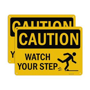 Caution Watch Your Step Signs - 2 Pack - 10 x 7 Inches Rust Free .040 Aluminum -Reflective, UV Protected, Waterproof, Weatherproof and Fade Resistant - 4 Pre-drilled Holes